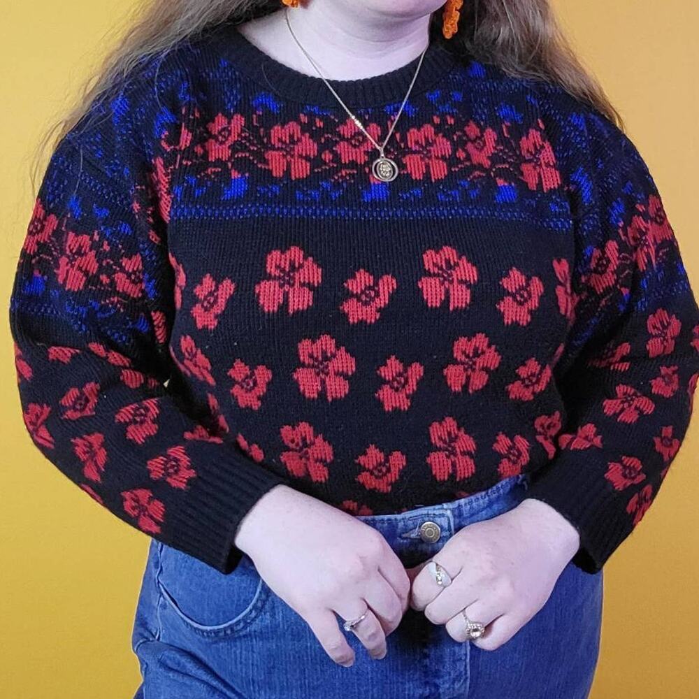 Vintage 80s Black Knit Floral Chunky Sweater, XL